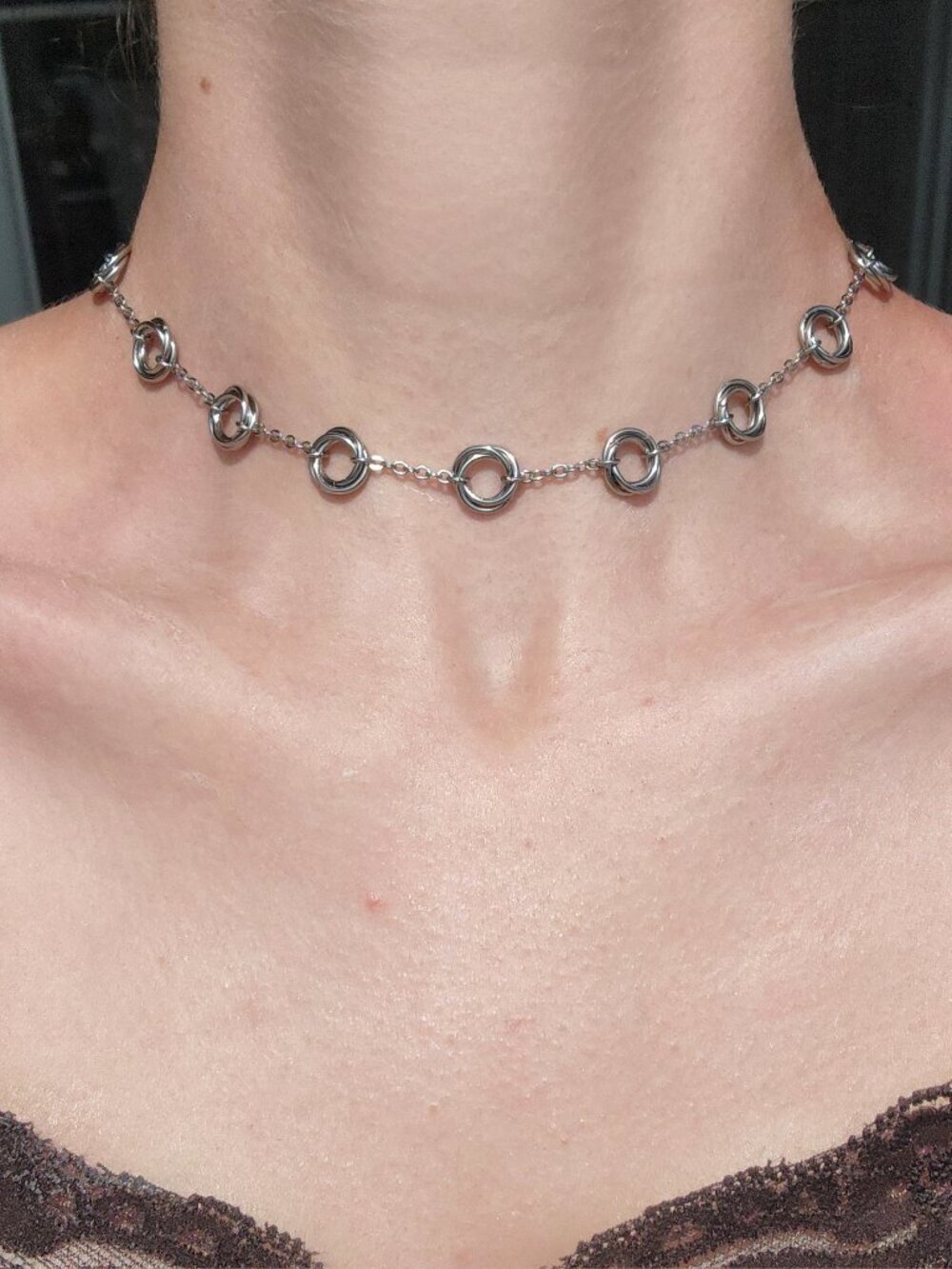 Gothic spiral chainmail choker necklace with a small silver chain